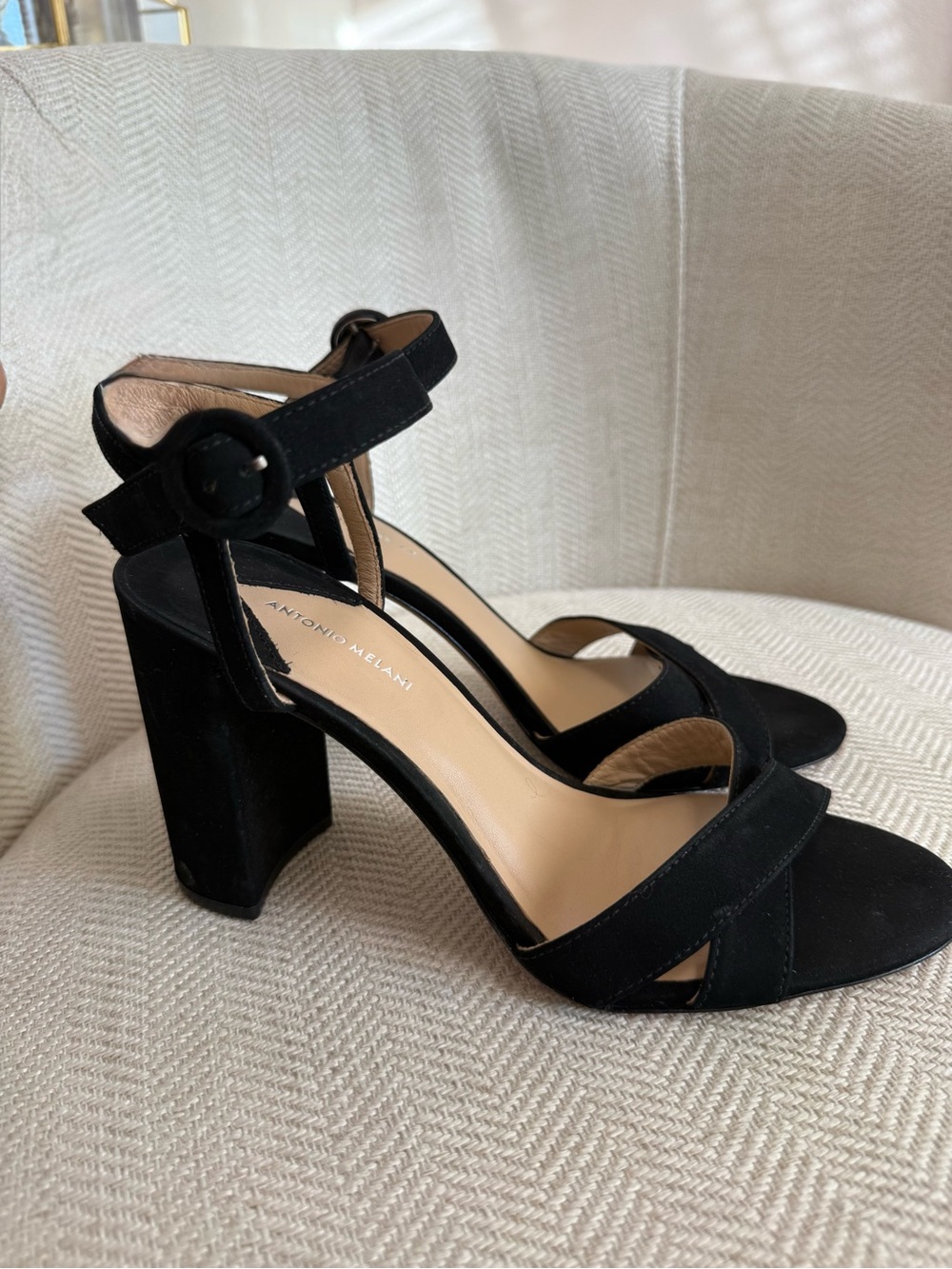 ANTONIO MELANI Black Suede Block Heel Sandals with Ankle Strap